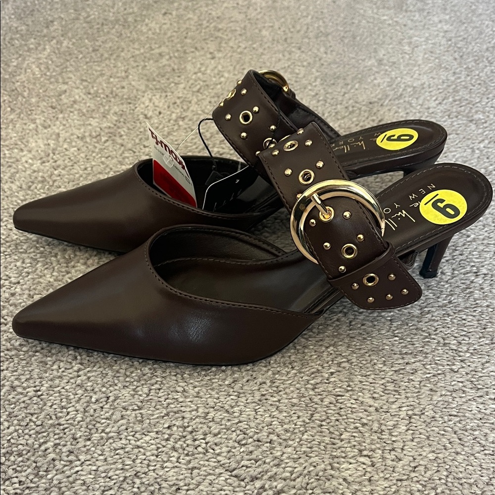 Pointed Toe Brown Mule Heels with Studded Buckle Strap